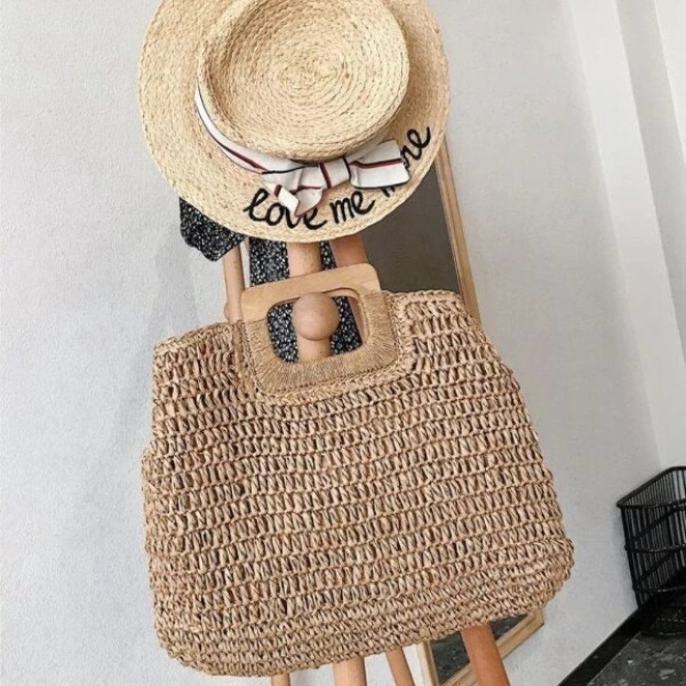 Vacation Vibes khaki straw bag wood handle tote Boho beach - Picture 2 of 8